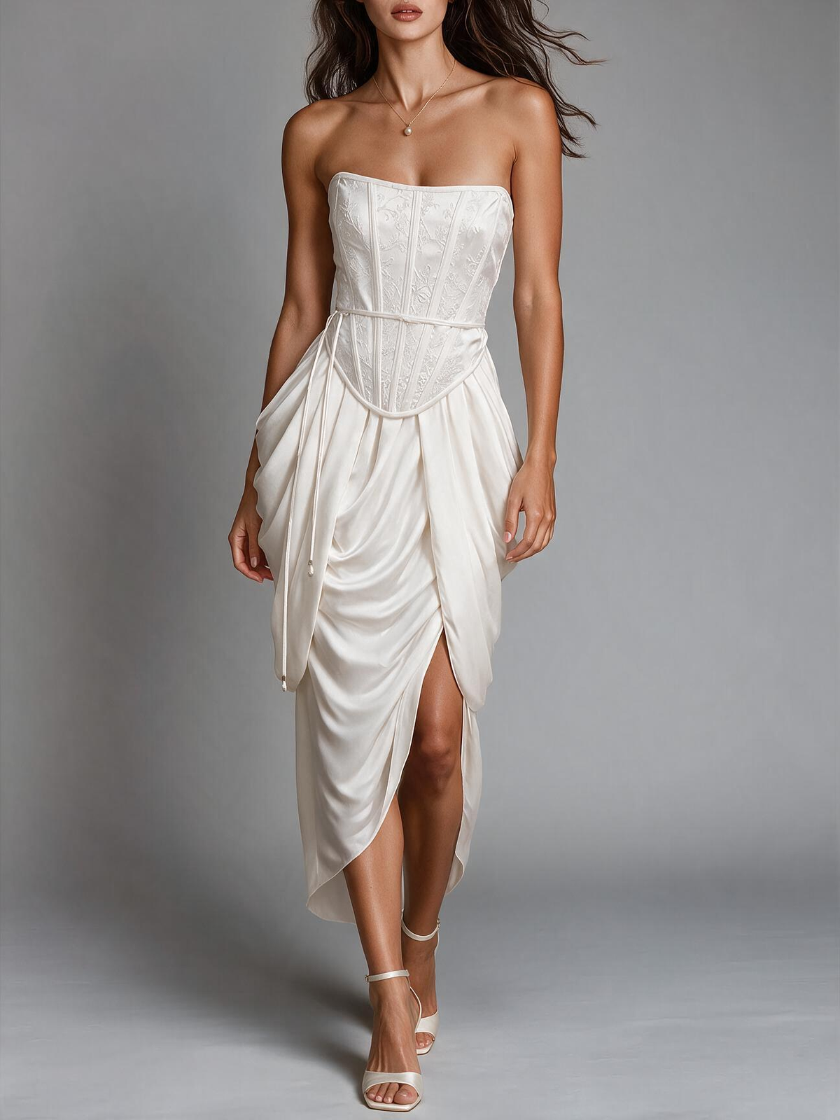 White Strapless Boned Corset Draped Slit Midi Dress
