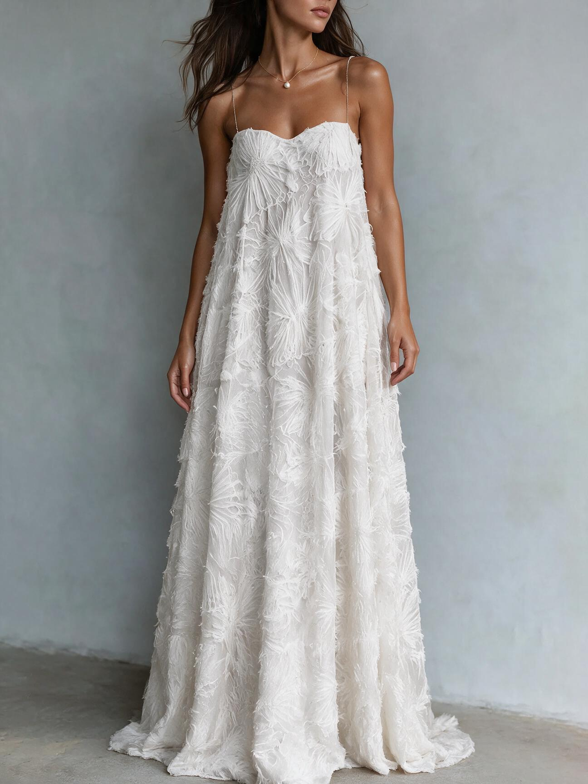 White 3D Floral Applique Strapless Maxi Dress
