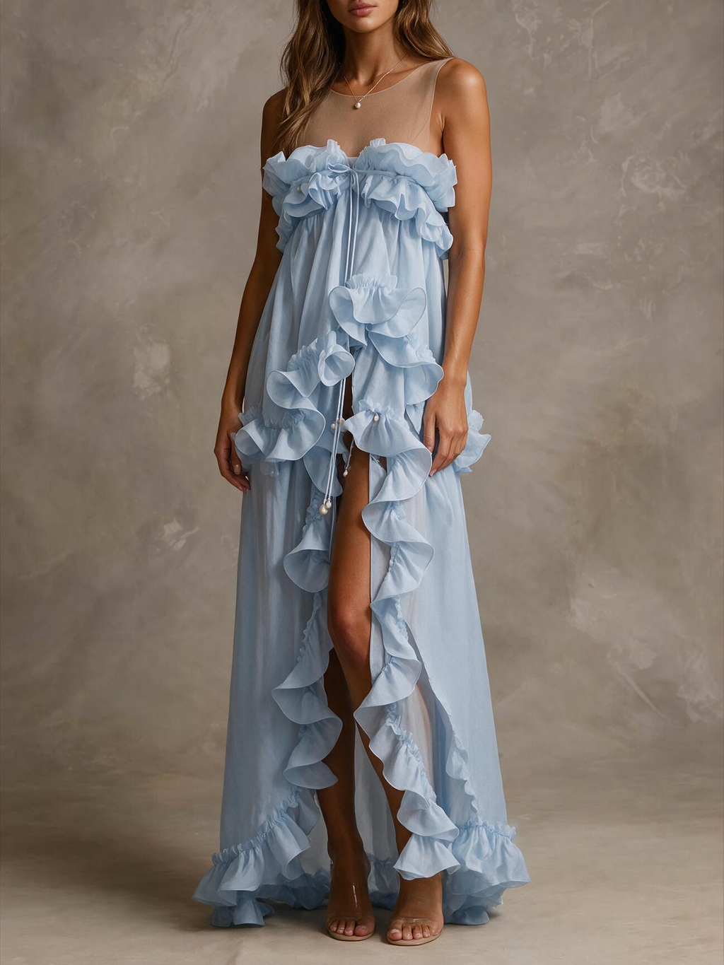 Baby Blue Sheer Yoke 3D Ruffle Cascade Maxi Dress