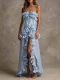 Baby Blue Sheer Yoke 3D Ruffle Cascade Maxi Dress